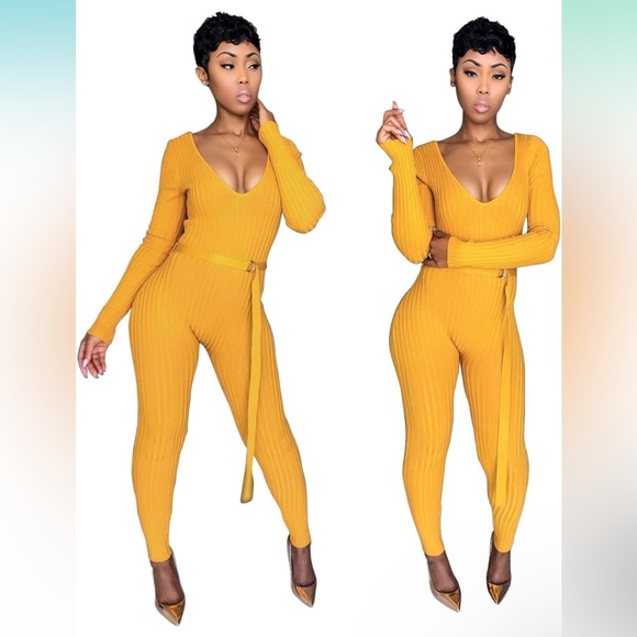 Ribbed Knit Jumpsuit in Mustard - Picture 4 of 9